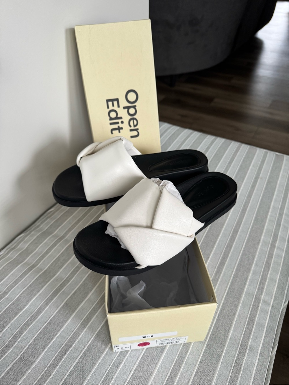 Open Edit White Knot Slide Mules with Black Footbed